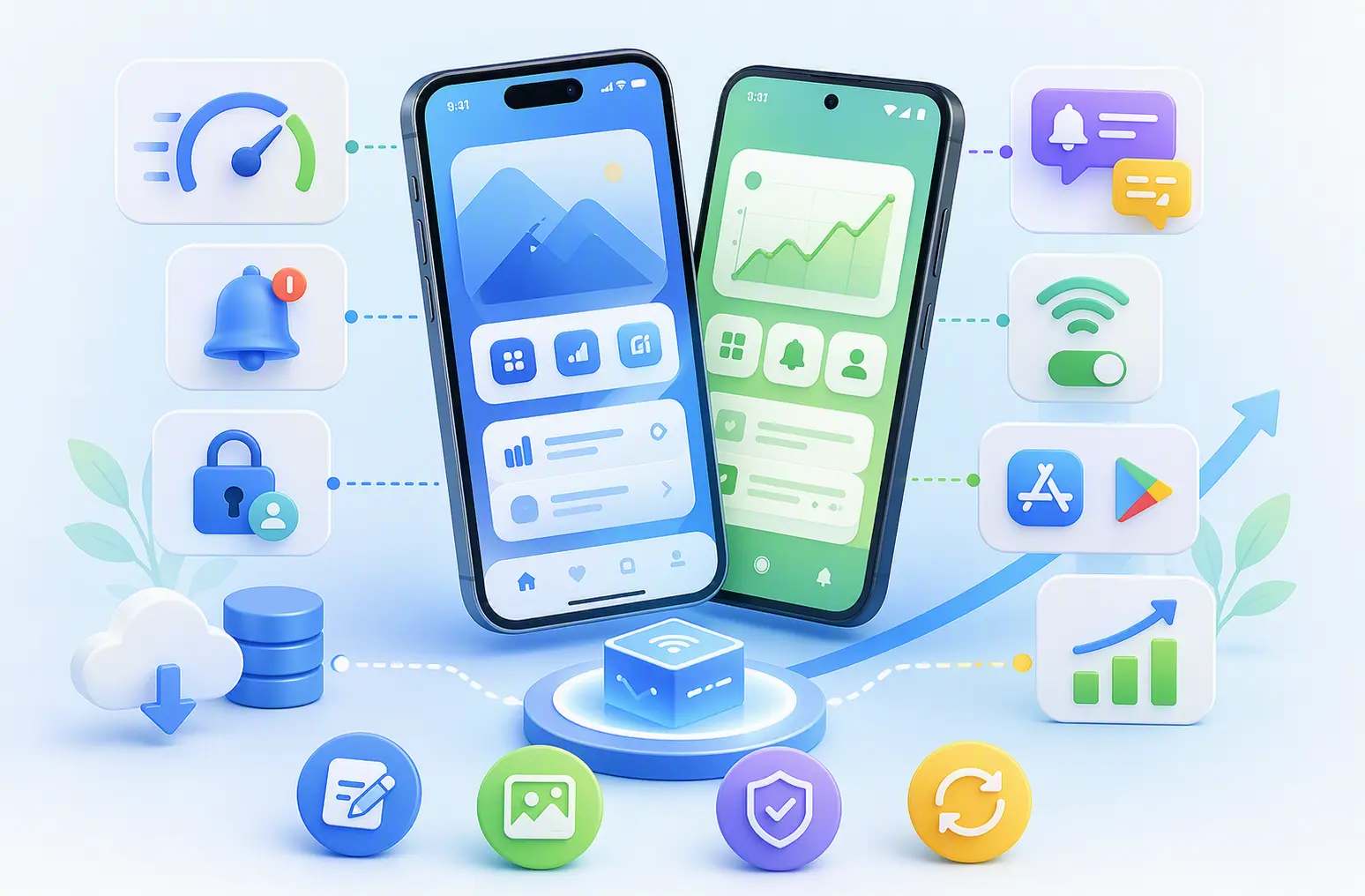 App 開發流程介面，顯示原生介面設計與功能測試畫面